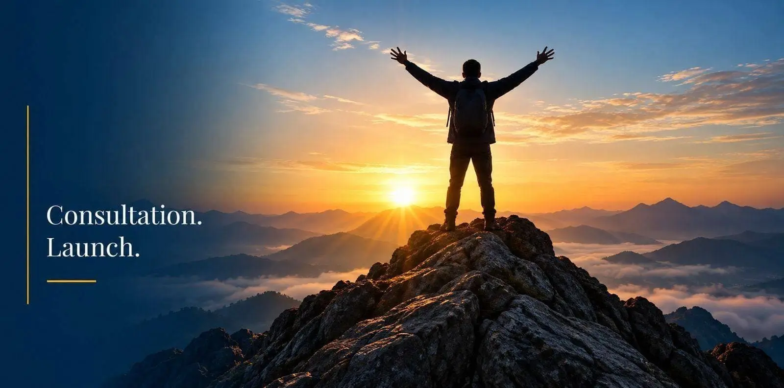 Silhouette of a hiker celebrating atop a mountain peak at sunrise, beside the message: Consultation. Launch.