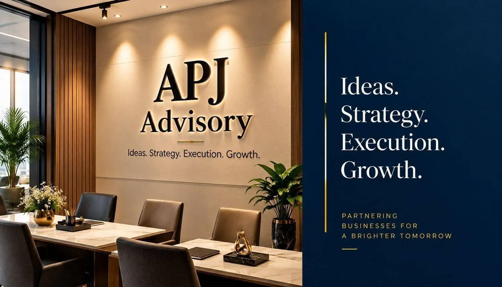 APJ Advisory office meeting room with the company's wall signage, beside the message: Ideas. Strategy. Execution. Growth. Partnering businesses for a brighter tomorrow.