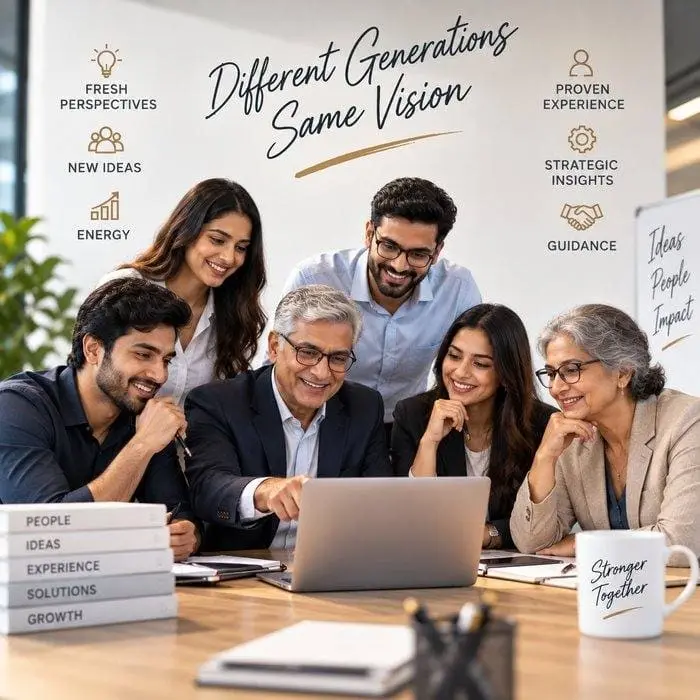 Different Generations, Same Vision: a multi-generational team collaborating, blending fresh perspectives, new ideas and energy with proven experience, strategic insight and guidance