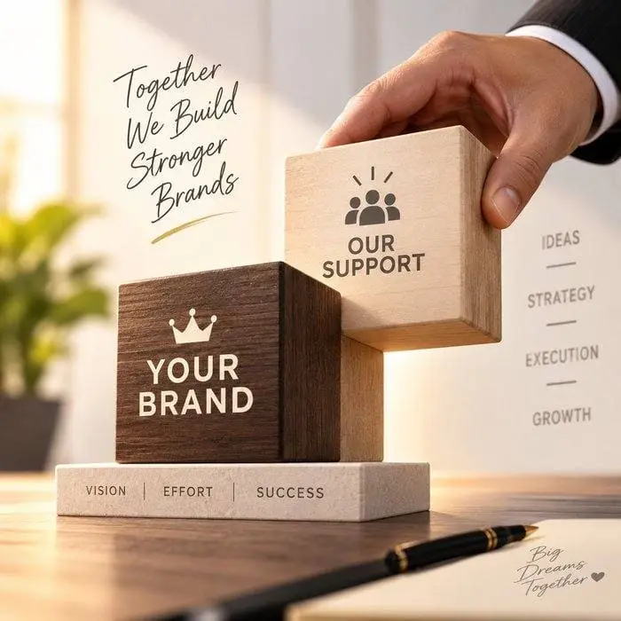 Together We Build Stronger Brands: a hand placing an Our Support building block on top of a Your Brand block, symbolising the partnership behind every brand