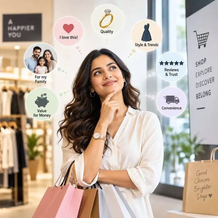Illustration of a shopper's mindset: quality, style and trends, reviews and trust, convenience, value for money and family, driving her purchase decisions