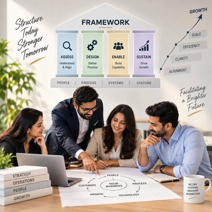 Framework: Assess, Design, Enable and Sustain pillars built on People, Process, Systems and Culture, above a team mapping out people, process, technology and growth