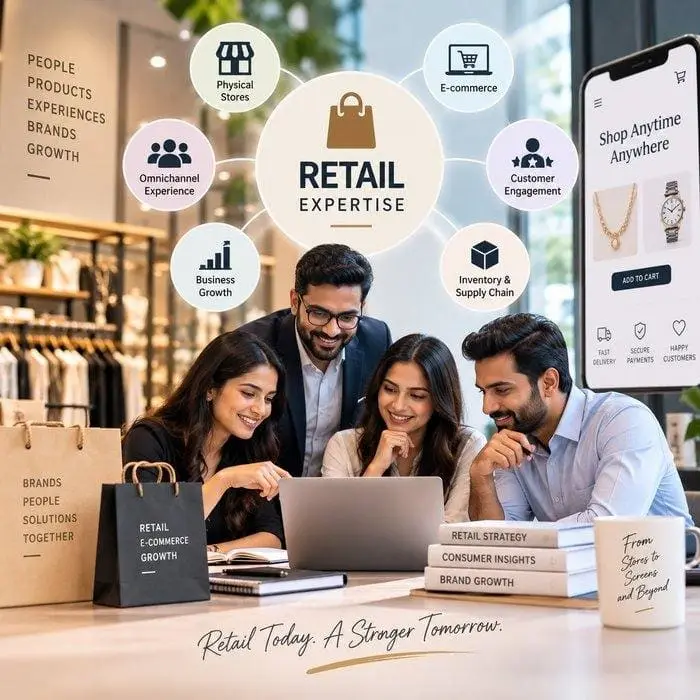 Retail Expertise: physical stores, e-commerce, omnichannel experience, customer engagement, business growth and inventory & supply chain, around a team reviewing retail strategy
