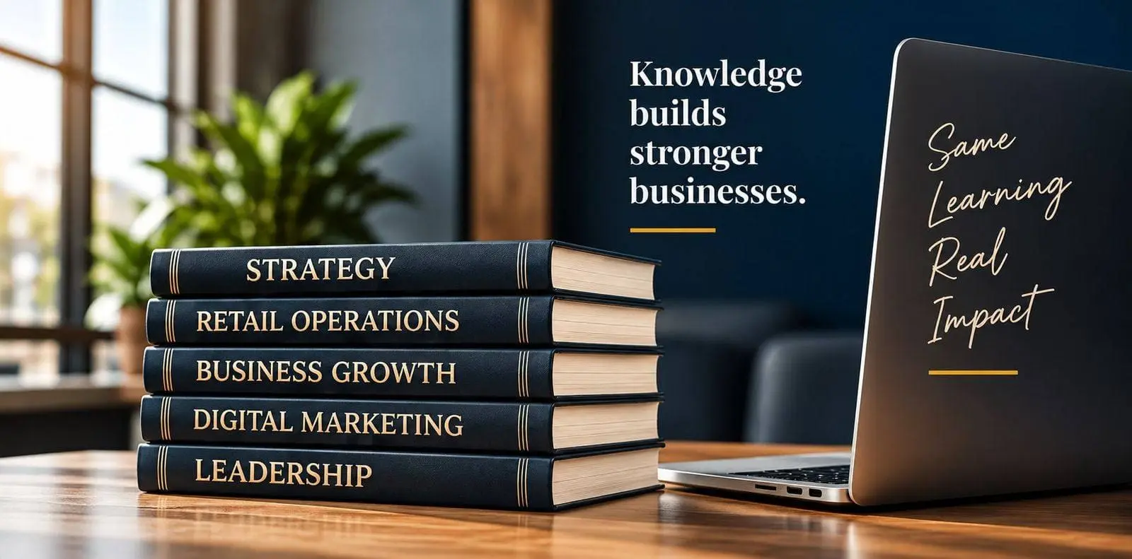 Stack of leather-bound books labelled Strategy, Retail Operations, Business Growth, Digital Marketing and Leadership beside a laptop, beside the message: Knowledge builds stronger businesses. Same learning, real impact.