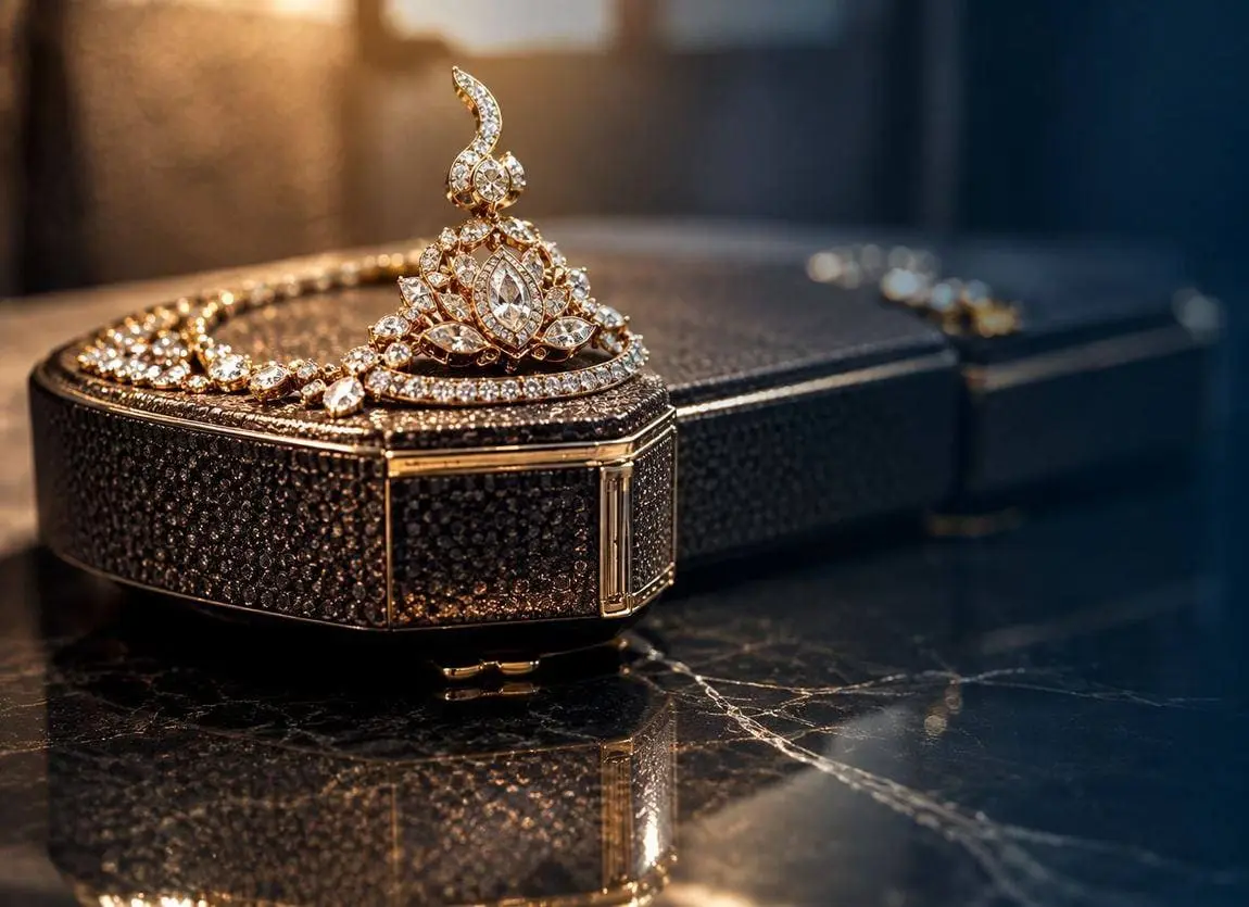 Diamond and gold jewellery pieces elegantly displayed on a dark jewellery box