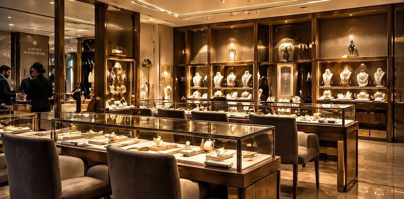 Elegant jewellery showroom with illuminated display cases, captioned: A Legacy in Every Detail