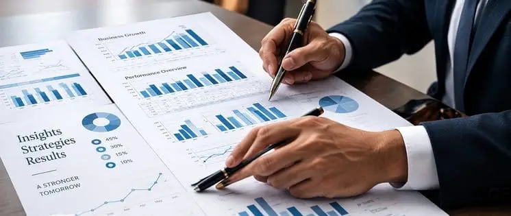 Business performance charts and growth reports laid out for review