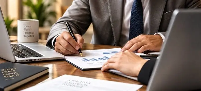 Consultant reviewing a finalised plan with a client, ready for implementation