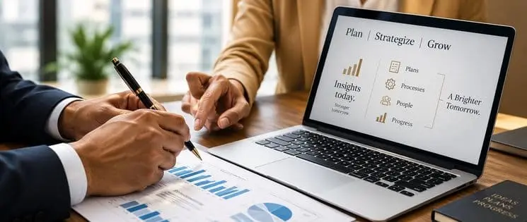 Consultant and client reviewing business insights and growth data on a laptop