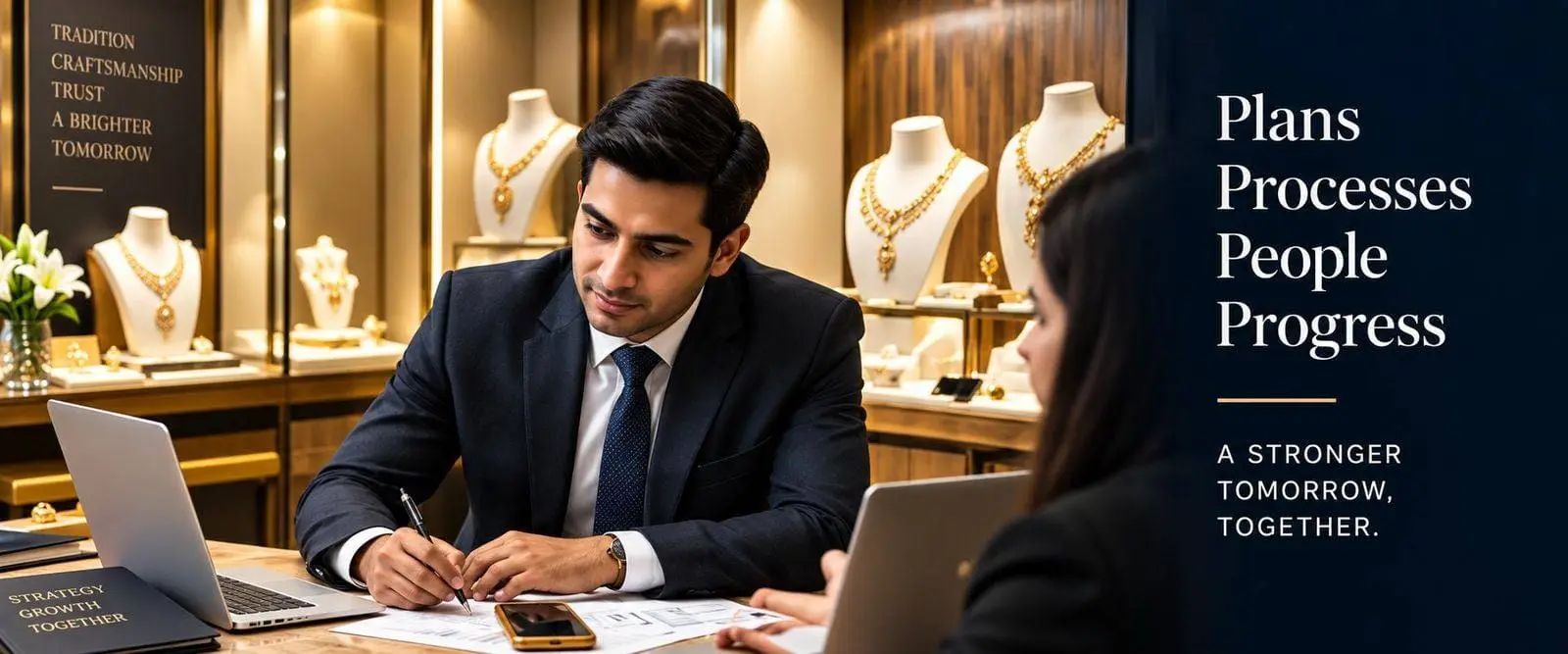 APJ advisor reviewing growth strategy documents with a client inside a jewellery showroom