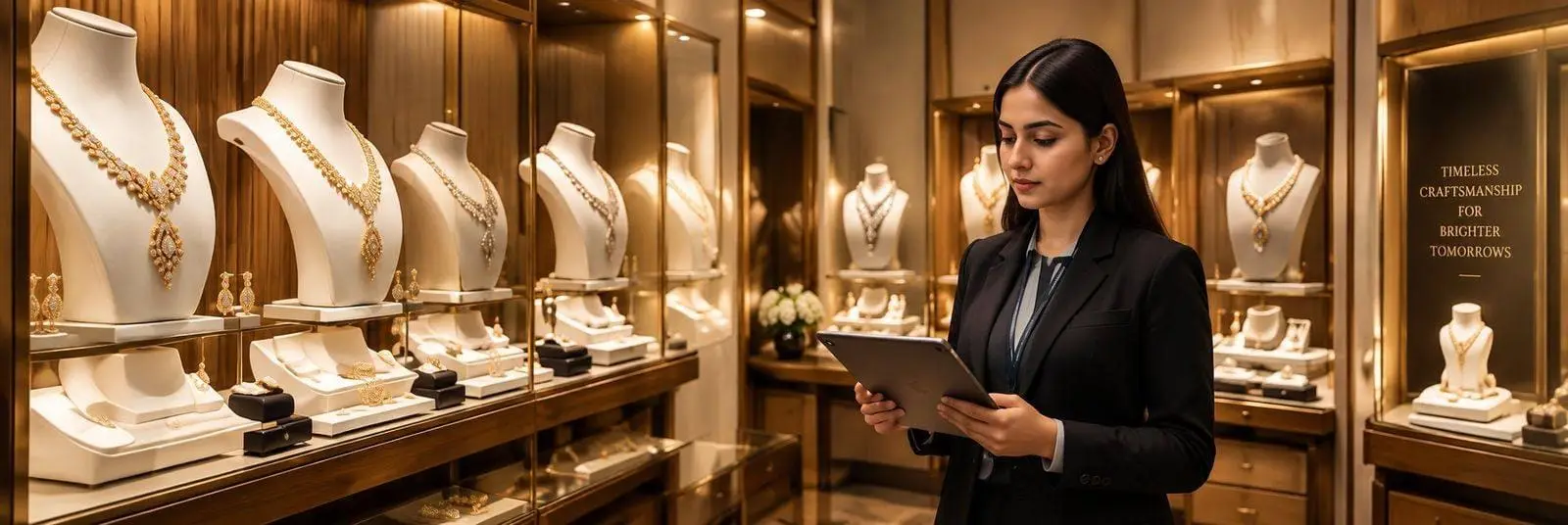 APJ consultant reviewing store performance on a tablet inside a premium jewellery showroom