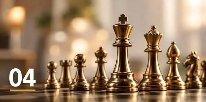 Gold chess pieces arranged confidently on a board, symbolising confident execution
