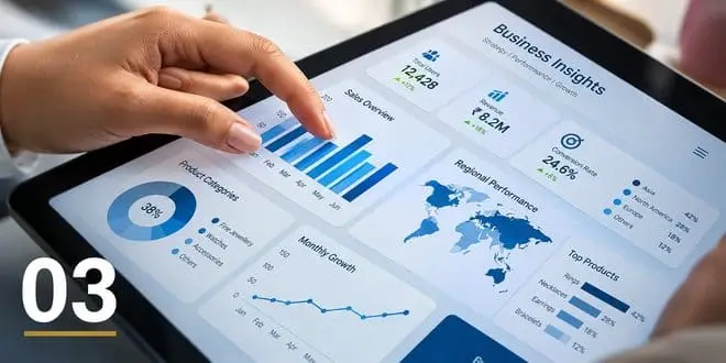 Business dashboard with sales and performance analytics on a tablet