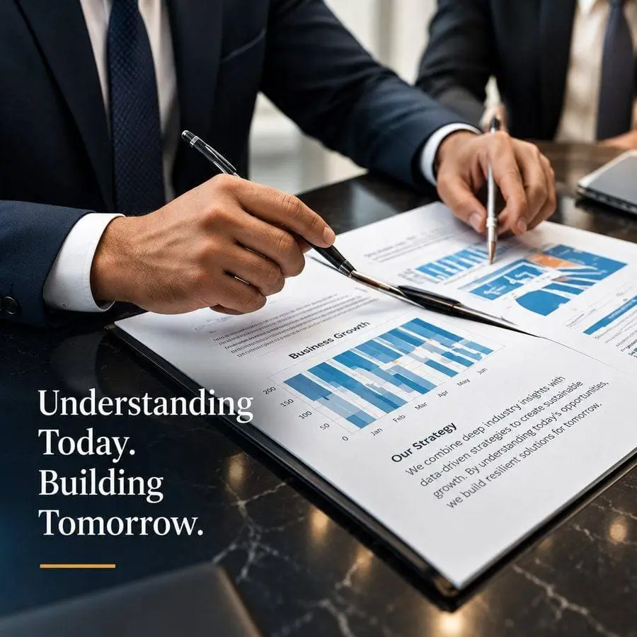 Consultants reviewing a business growth report together, captioned: Understanding Today. Building Tomorrow.