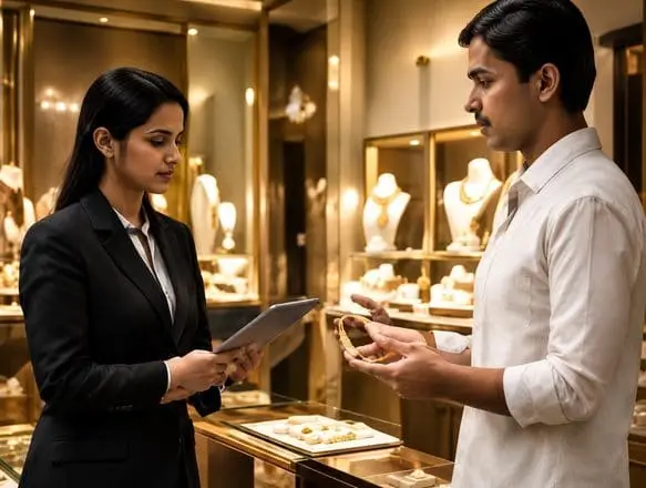 Jewellery consultant advising a client with a tablet in a showroom