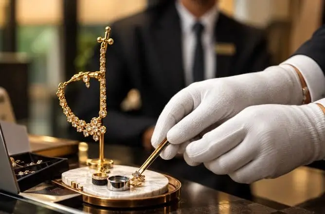 Close-up of gloved hands carefully examining fine jewellery