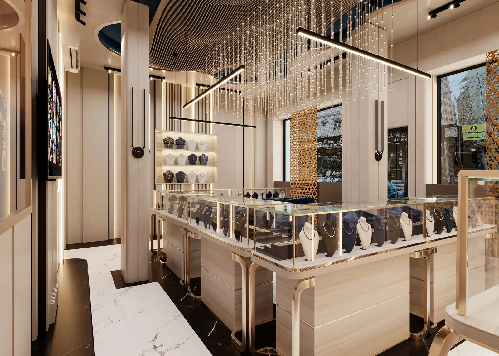 Inside a modern jewellery showroom: glass counters with necklaces on display stands