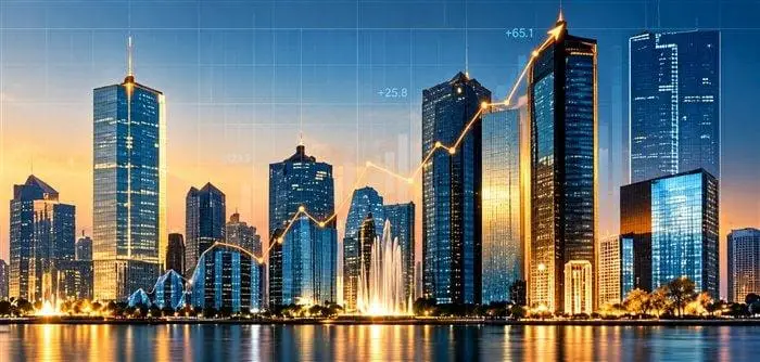 City skyline at dusk overlaid with an upward-trending growth chart