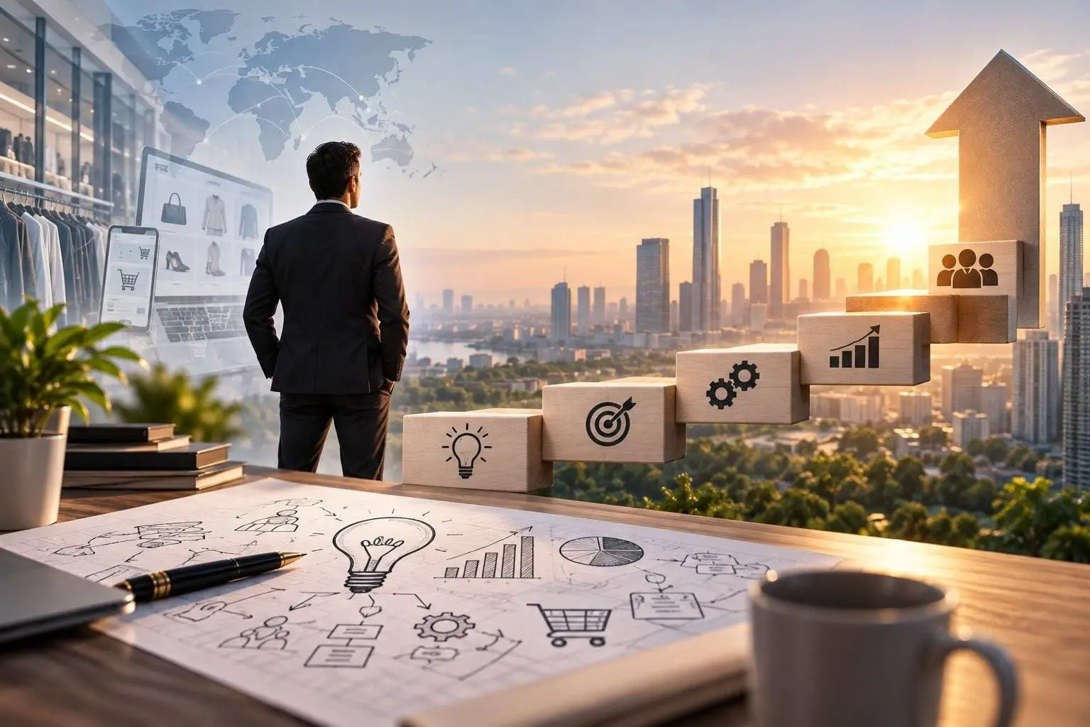 A businessman overlooking a city skyline at sunrise, with strategy-building blocks rising toward a growth arrow