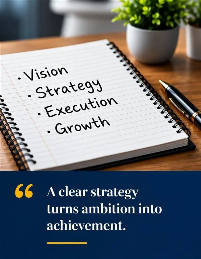 Notebook reading Vision, Strategy, Execution, Growth beside the quote: a clear strategy turns ambition into achievement