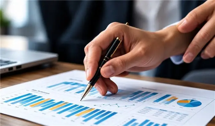 Hand pointing a pen at a business performance report with charts