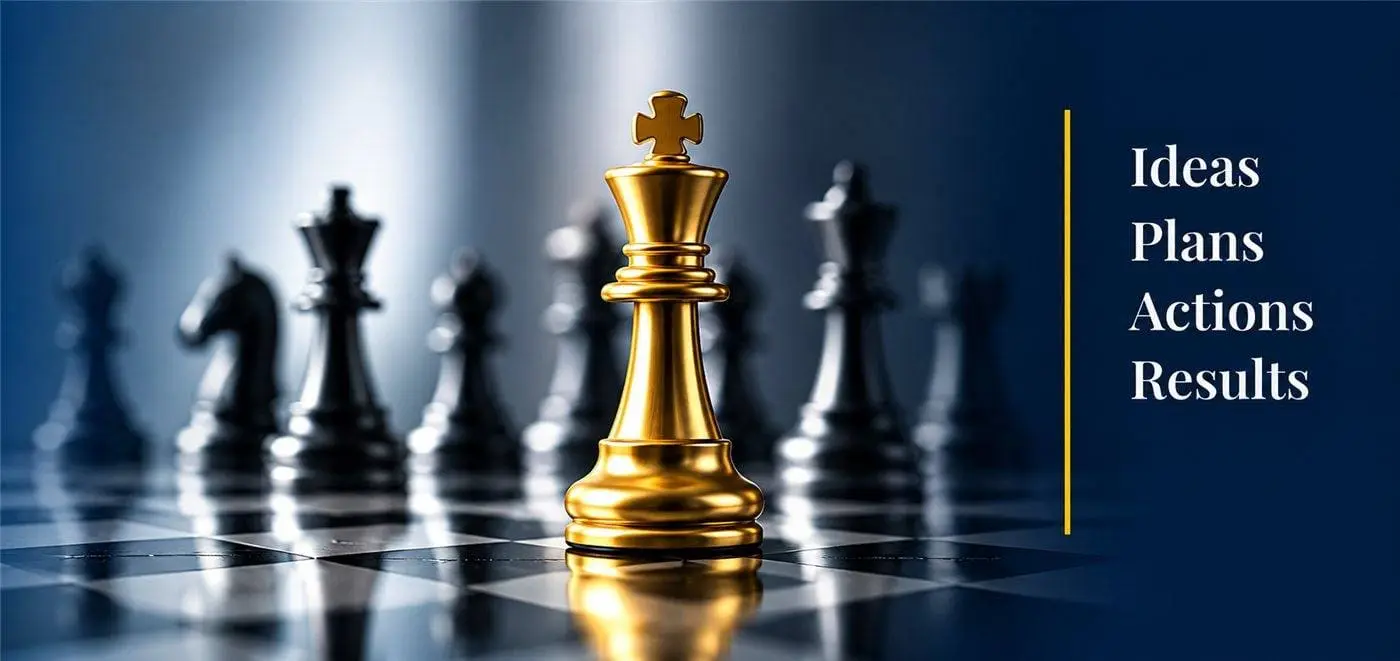 Gold king chess piece standing ahead of the board, symbolising a decisive business plan
