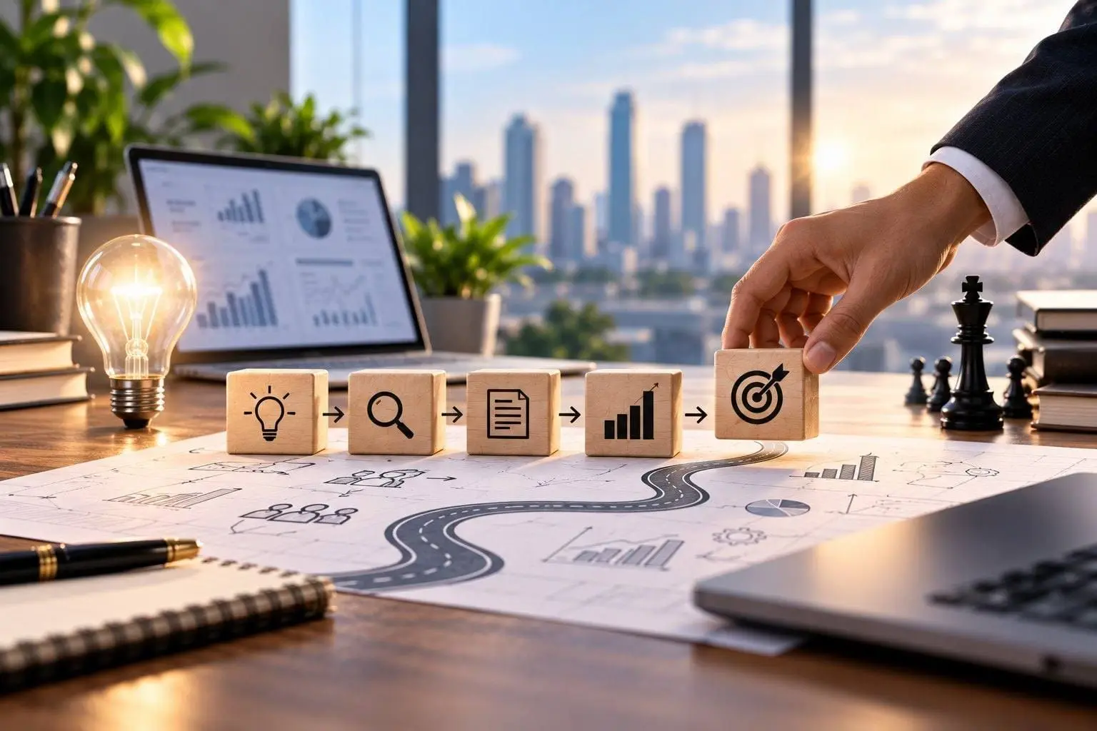 A roadmap of wooden blocks — idea, research, plan, growth, target — leading from a laptop with performance charts toward a hand placing the final target block, with a city skyline behind