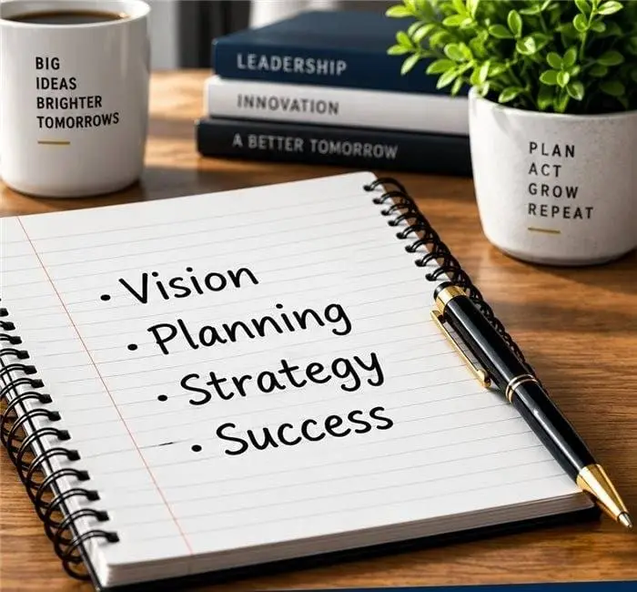 Notebook reading Vision, Planning, Strategy, Success on a desk beside books labelled Leadership, Innovation, A Better Tomorrow
