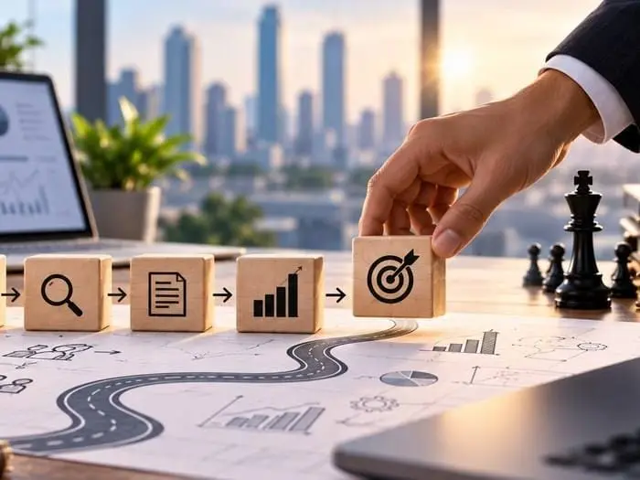A roadmap of wooden blocks leading to a hand placing a target block, with a city skyline behind