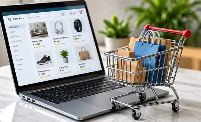 Laptop with online store next to a small shopping cart