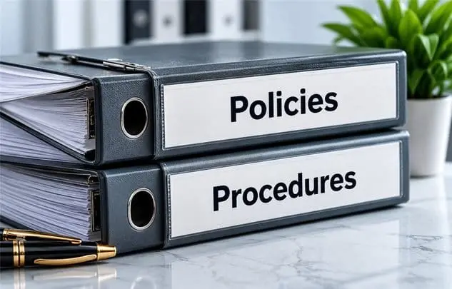 Binders labelled Policies and Procedures on a shelf