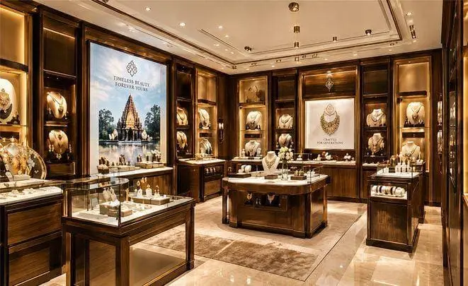 Interior of an elegant jewellery showroom with display cases