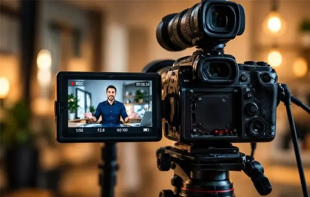 Video camera filming a presenter for branded content