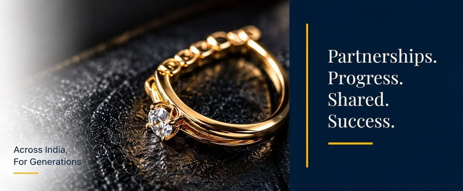 Close-up of a gold diamond ring on a dark leather surface, beside the message: Partnerships. Progress. Shared. Success. Across India, for generations.