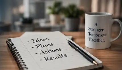 Notebook reading Ideas, Plans, Actions, Results beside a mug that says A Stronger Tomorrow Together