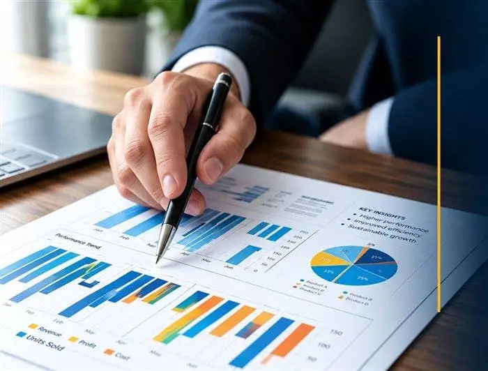 Businessman analysing a performance report with charts and key insights