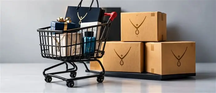 Branded shopping cart and packages ready for e-commerce delivery