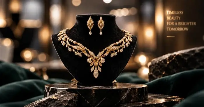 Fine gold necklace and earrings on display beside the words Timeless Beauty