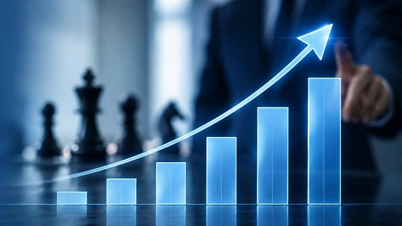 Businessman pointing at a rising growth chart overlaid on a performance report