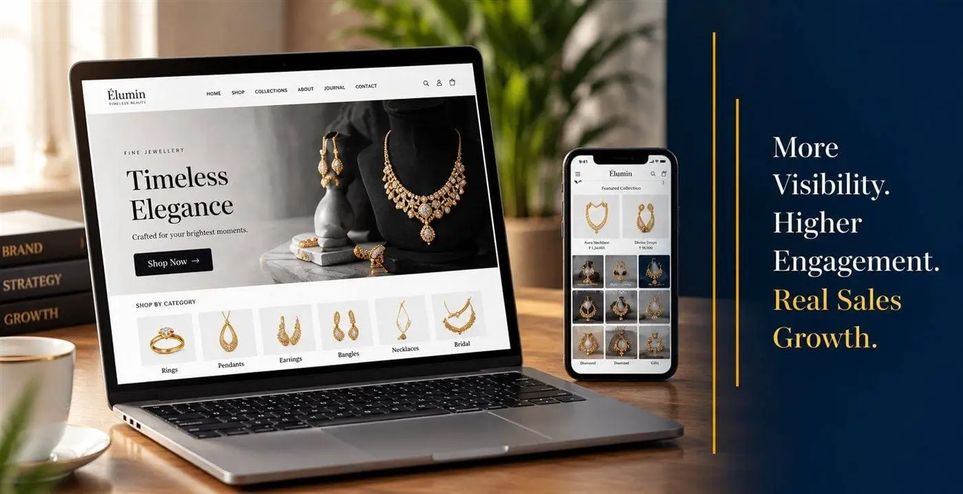 Laptop and phone showing a fine jewellery e-commerce website