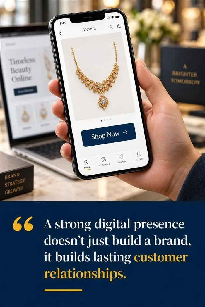 Hand holding a phone showing a jewellery e-commerce app beside the quote about digital presence