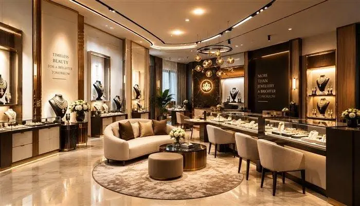 Spacious luxury showroom lounge with seating and display cases