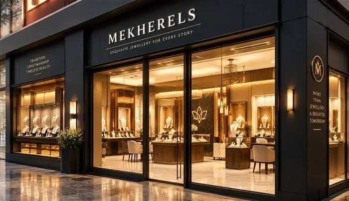 Branded jewellery storefront reading Mekherels, Exquisite Jewellery for Every Story