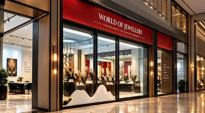 Jewellery storefront in a shopping mall with red signage