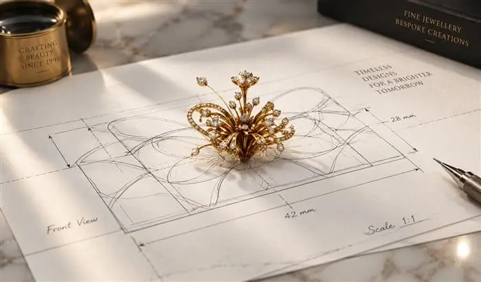 Jewellery design sketch with a finished gold brooch piece