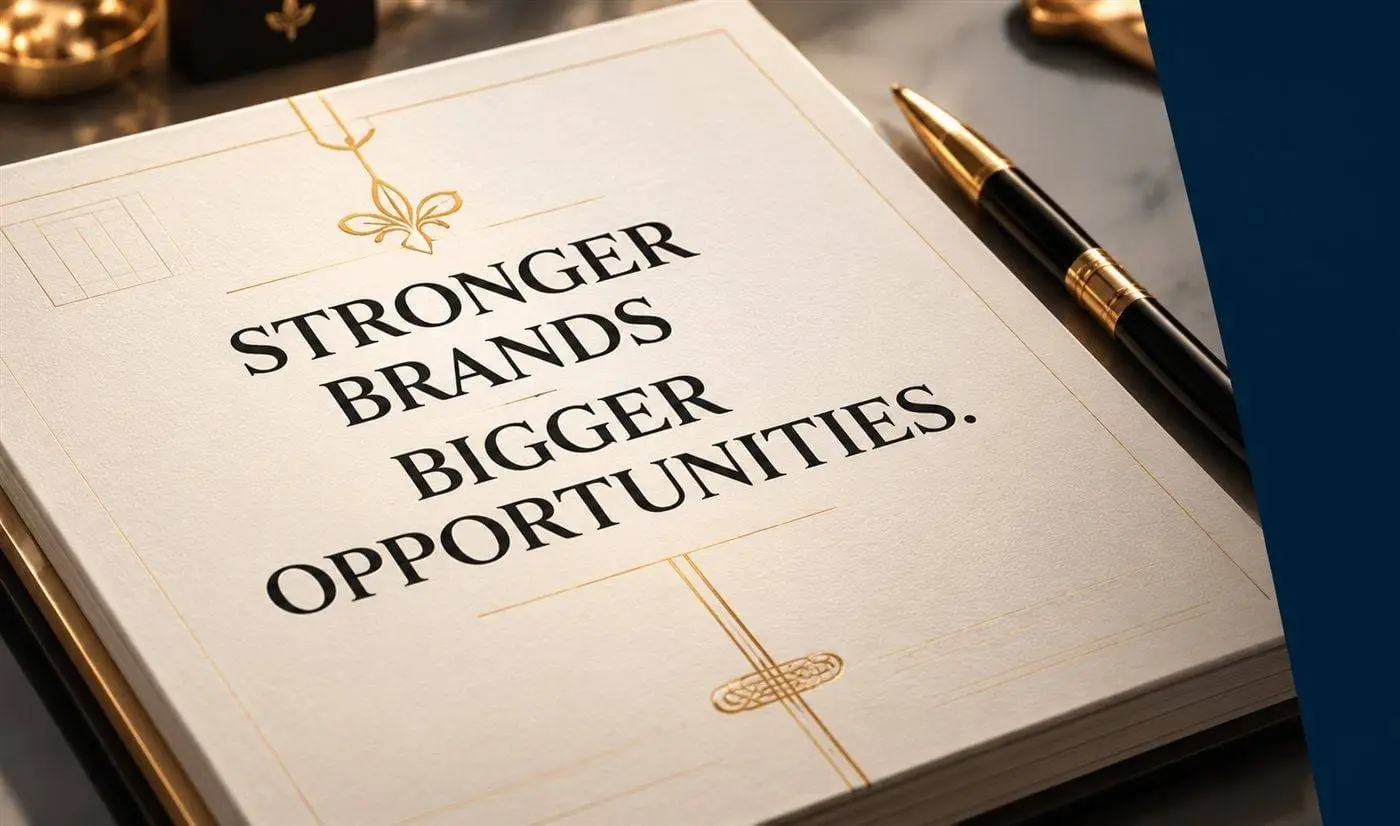 Notebook reading Stronger Brands, Bigger Opportunities beside a pen