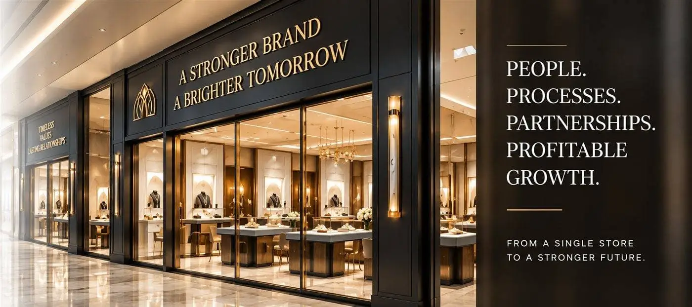 Elegant jewellery storefront reading A Stronger Brand, A Brighter Tomorrow