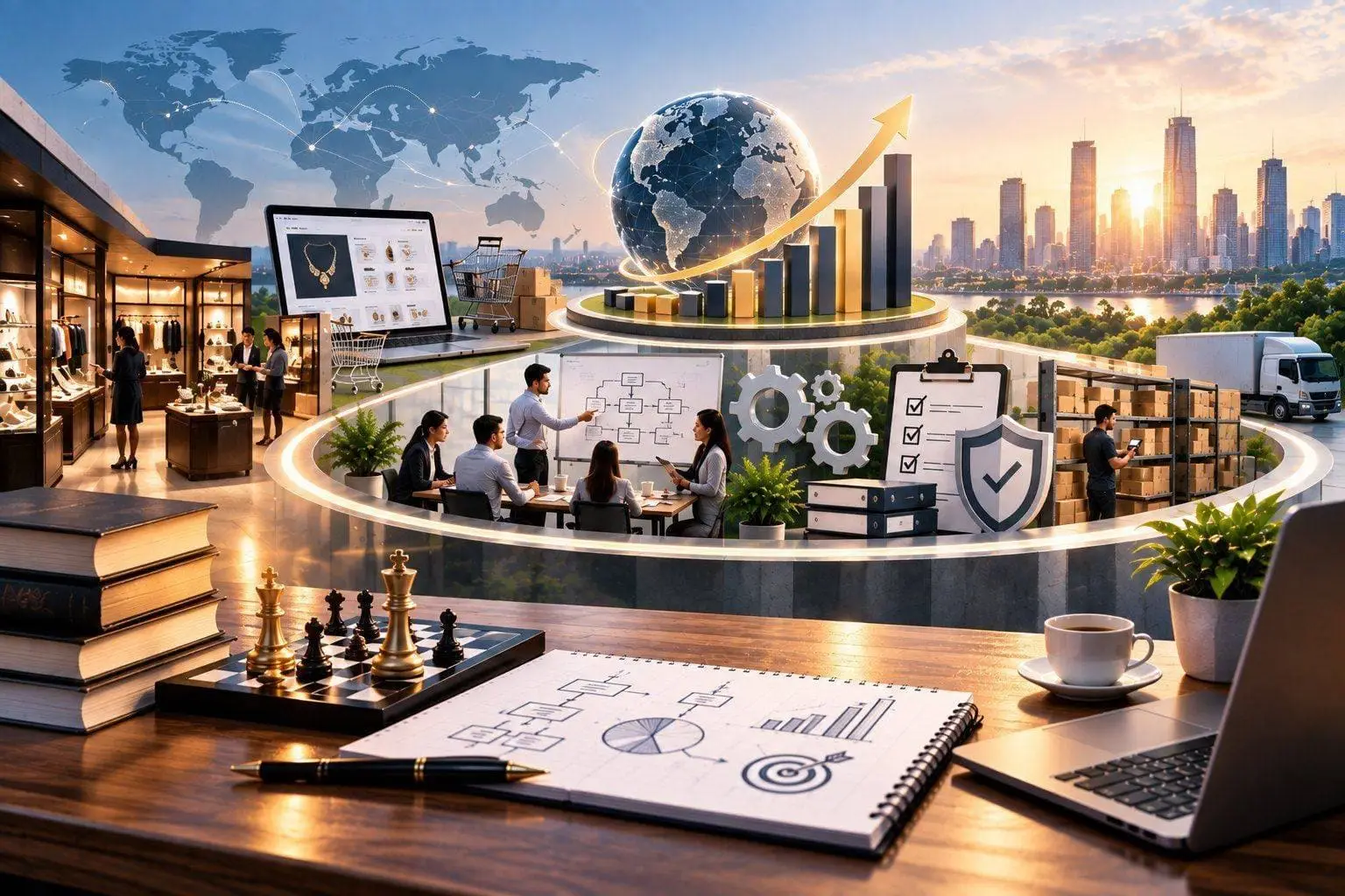 Businessman moving a gold chess king across a chessboard, symbolising strategic decision-making