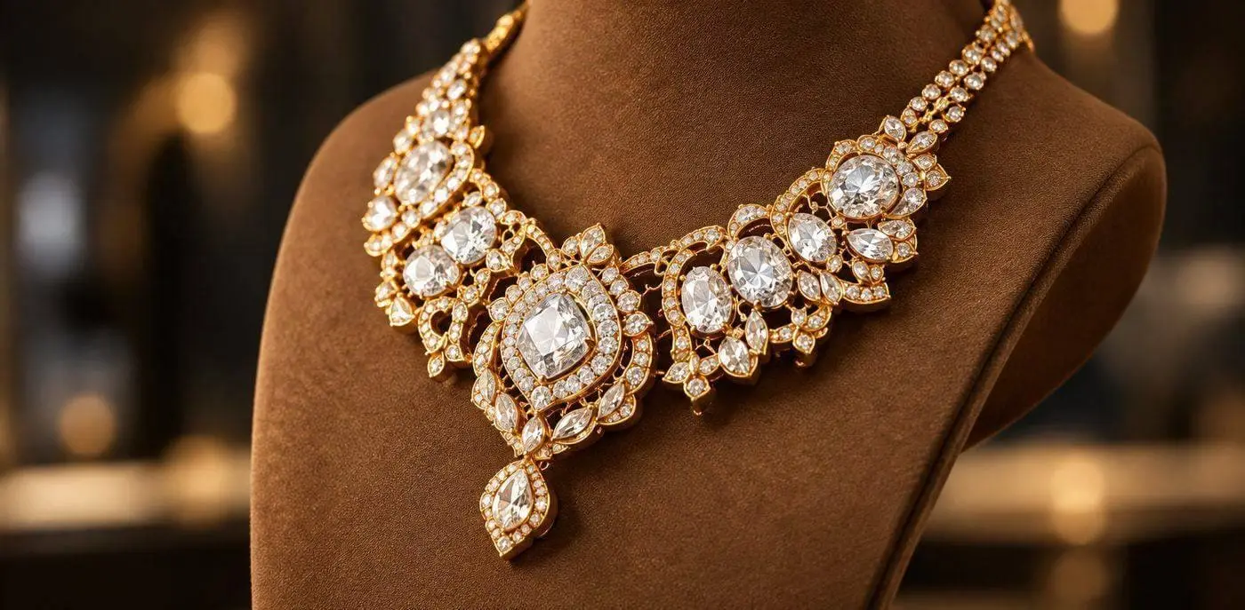 Close-up of an ornate diamond and gold necklace, representing APJ Advisory's jewellery industry heritage