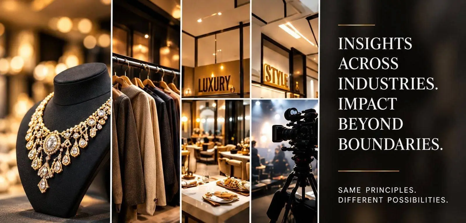 Collage of the industries APJ Advisory serves &mdash; fine jewellery, apparel, hospitality and film production &mdash; alongside the message: Insights across industries, impact beyond boundaries